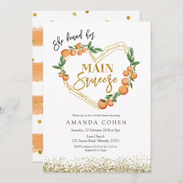 Main squeeze Orange bridal shower invitation (Front/Back)