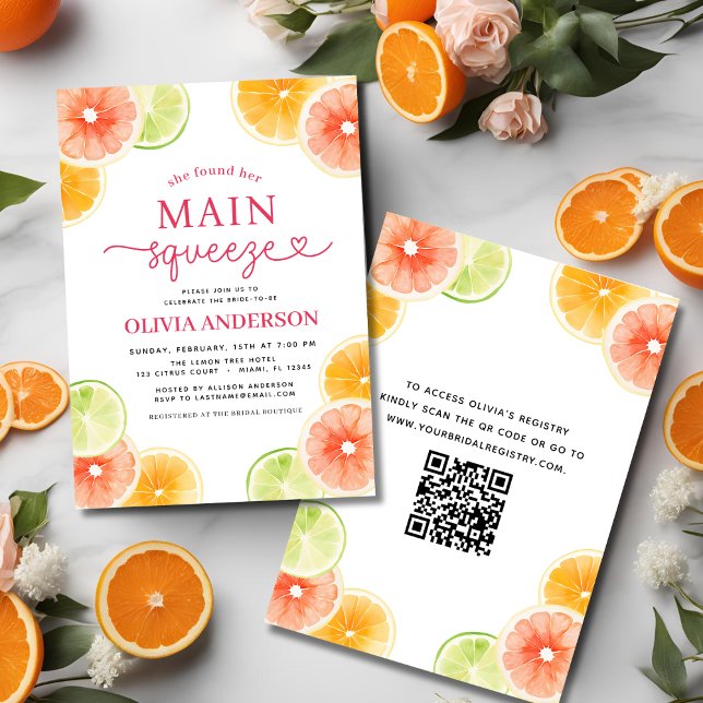 Main Squeeze QR Code Cute Bridal Shower Orange Invitation (Creator Uploaded)