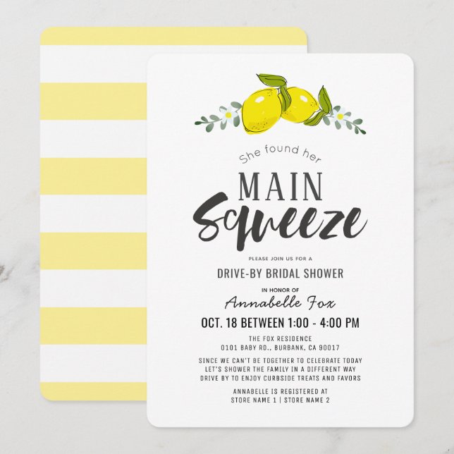 Main Squeeze Simple Lemon Drive-by Bridal Shower Invitation (Front/Back)