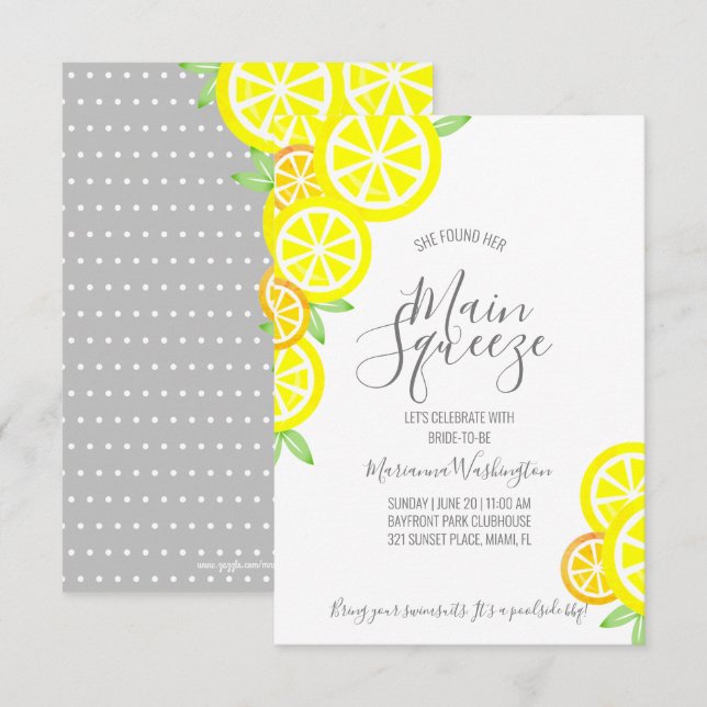 MAIN SQUEEZE summer lemon BRIDAL SHOWER grey Invitation (Front/Back)