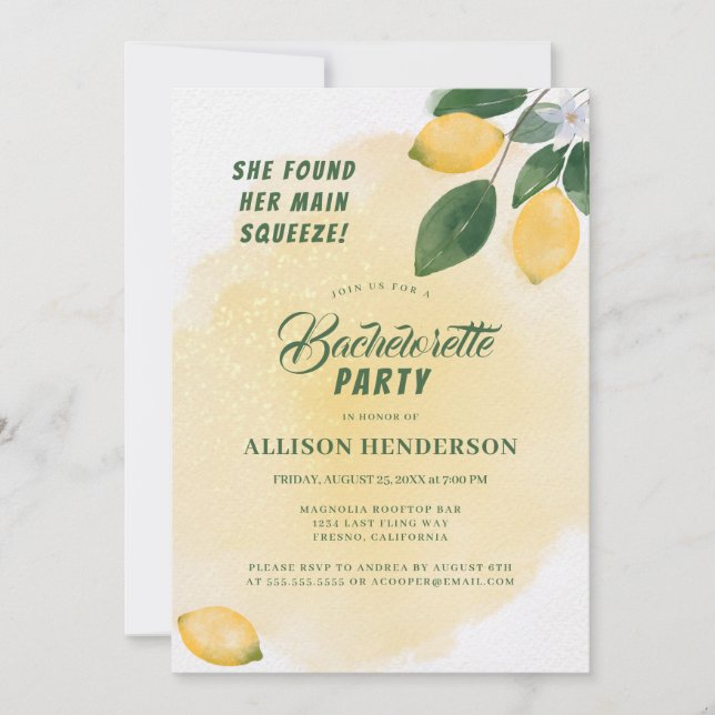 Main Squeeze Watercolor Lemons Bachelorette Party Invitation (Front)