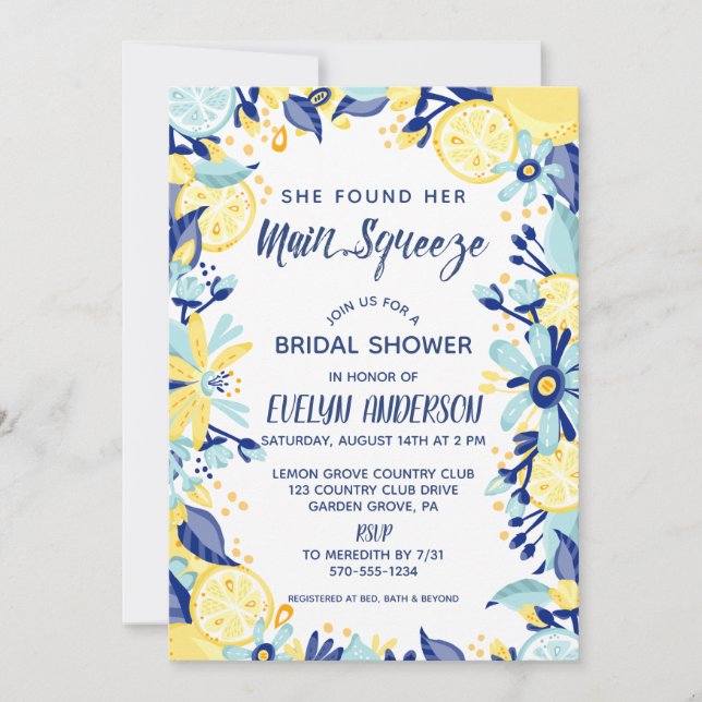 Main Squeeze Yellow Lemons Mint Briday Shower Invitation (Front)