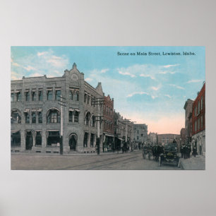 Main Street Scene with Horse Carriages and Poster