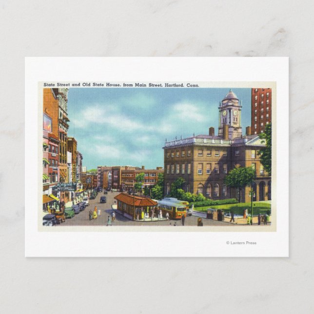 Main Street View of State Street & Old State Postcard (Front)