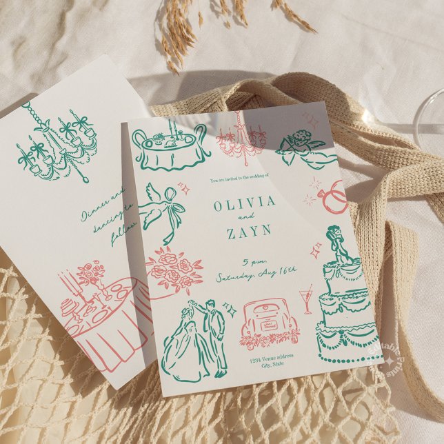 Main Whimsical Tirée Faire-part de mariage Turquoi (Whimsical Hand Drawn Wedding Invitation Green Coral Pink)