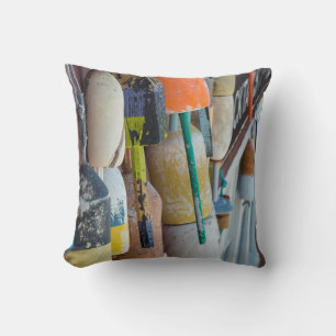 Maine, Bar Harbour. Colourful lobster trap buoys Throw Pillow