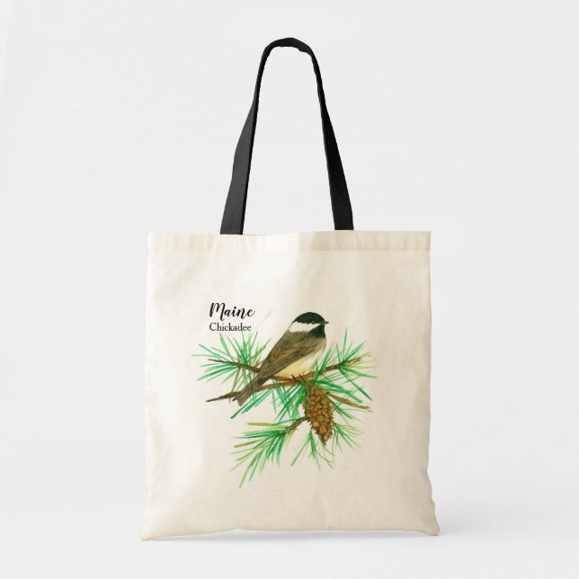 Maine Bird Chickadee White Pinecone Tassel Tote Bag (Front)