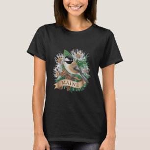Maine Black-capped Chickadee Bird and White Pine C T-Shirt