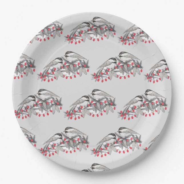 Maine Chickadee Bird Winter Christmas Holiday Snow Paper Plate (Front)