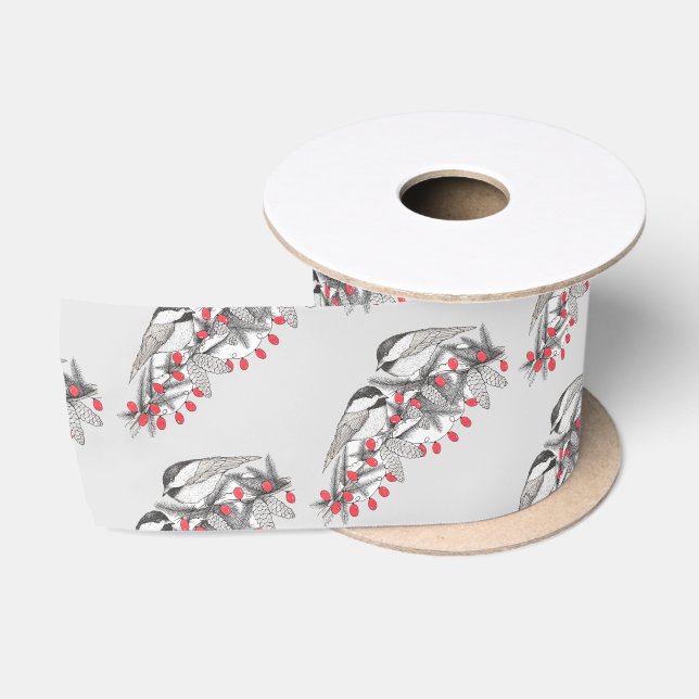 Maine Chickadee Bird Winter Christmas Holiday Snow Satin Ribbon (Spool)