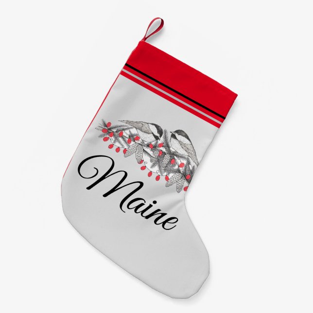 Maine Chickadee Bird Winter Christmas Holiday Snow Small Christmas Stocking (Front (Hanging))