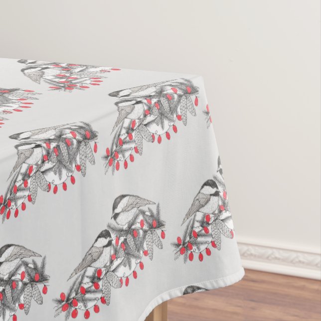 Maine Chickadee Bird Winter Christmas Holiday Snow Tablecloth (In Situ)