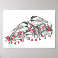 Maine Chickadees Pen and Ink Bird Art Illustration