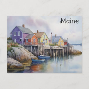 Maine Coast Colourful Houses Watercolor Travel Postcard