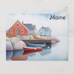 Maine Coast Colourful Houses Watercolor Travel Postcard