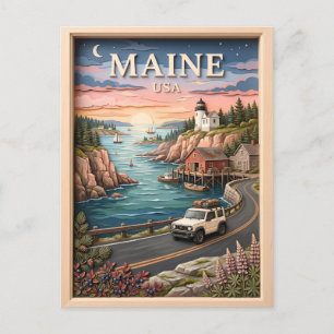 Maine Coastal Road Trip Lighthouse Vintage Texture Postcard
