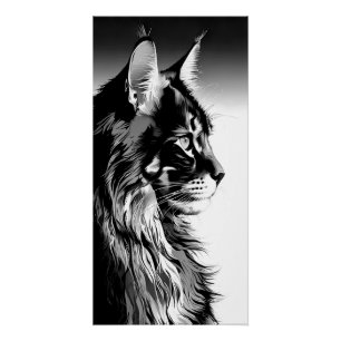 Maine Coon Art Print: Black & White Cat Portrait Poster