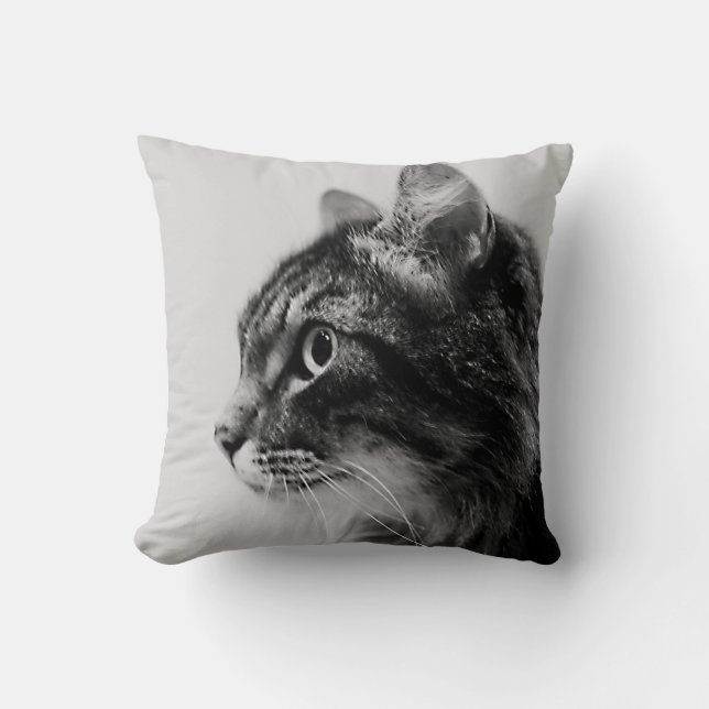 Maine Coon Cat Art Black and White Cushion Pillow (Front)