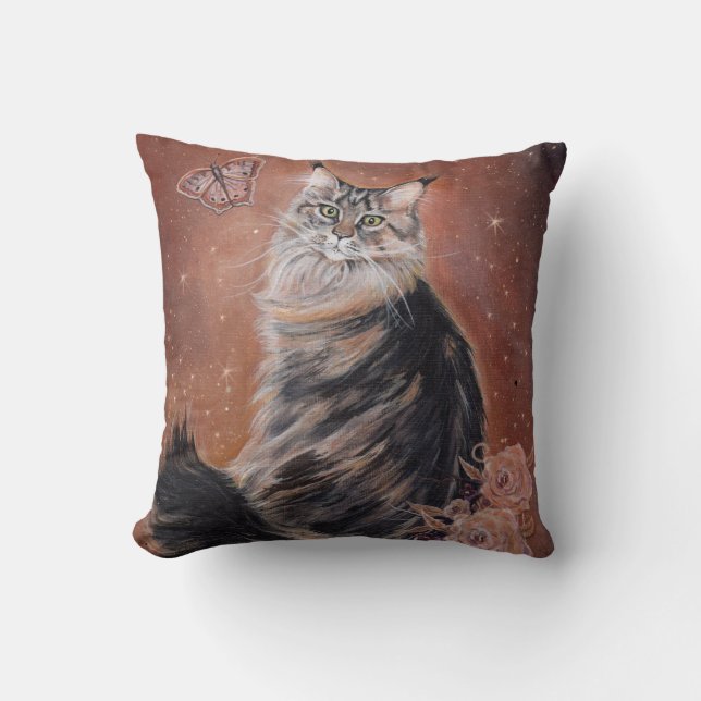 Maine coon cat art by Renee Lavoie  Throw Pillow (Front)