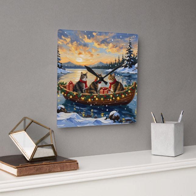 Maine Coon Cat Christmas Boat Holiday Square Wall Clock (Office)