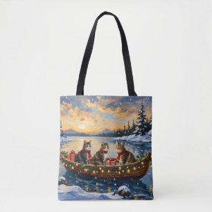 Maine Coon Cat Christmas Boat Holiday Tote Bag