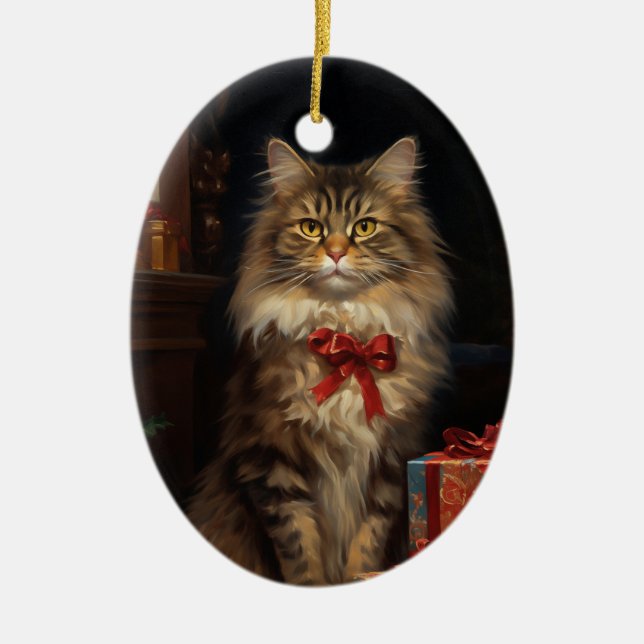 Maine Coon cat Christmas Ceramic Ornament (Front)