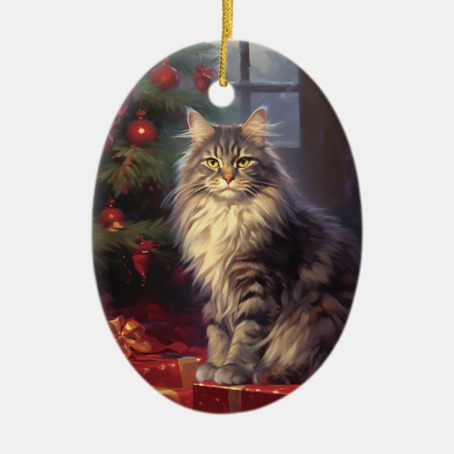 Maine Coon cat Christmas Ceramic Ornament (Front)