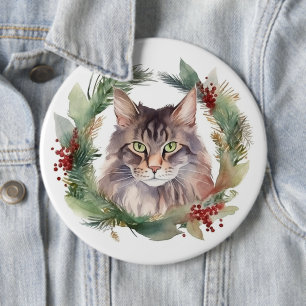 Maine Coon Cat Christmas Wreath Festive Kitten 6 Inch Round Button