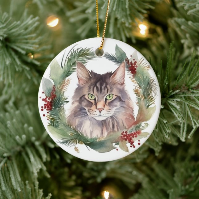 Maine Coon Cat Christmas Wreath Festive Kitten Ceramic Ornament (Tree)