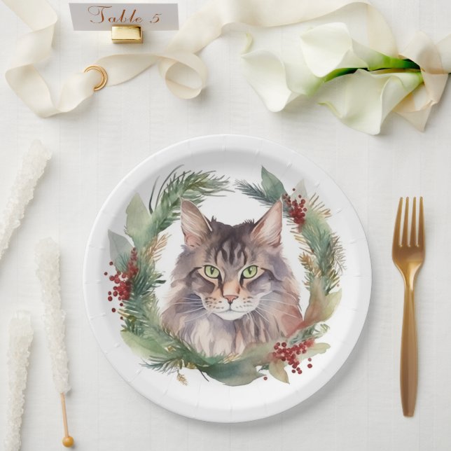 Maine Coon Cat Christmas Wreath Festive Kitten Paper Plate (Wedding)