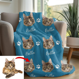 Maine Coon Cat, Custom Pet blue Fleece Blanket