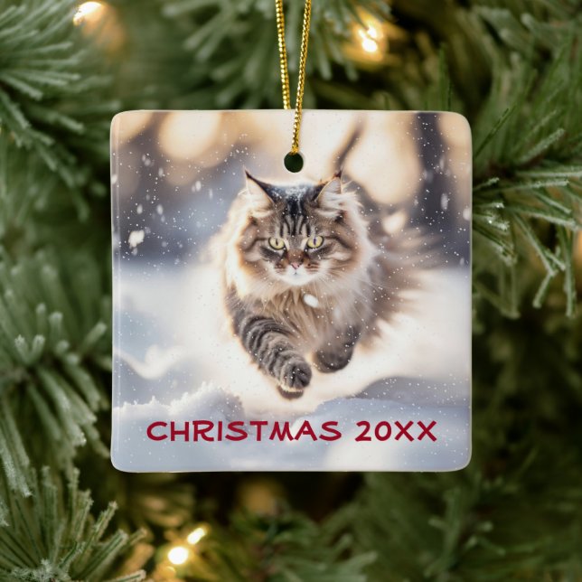 Maine Coon Cat Dashing Through The Snow Ceramic Ornament (Tree)