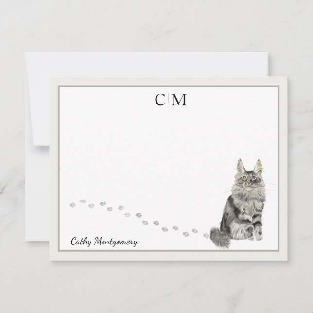Maine Coon Cat Grey Bordure Monogramme Nom Carte d (Devant)