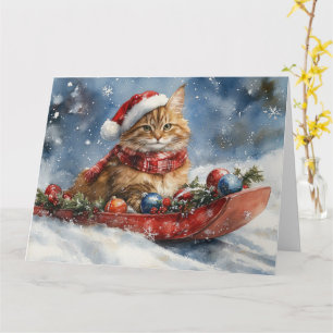 Maine Coon Cat in Sledge Let it Snow Christmas Card