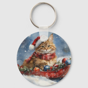 Maine Coon Cat in Sledge Let it Snow Christmas Keychain