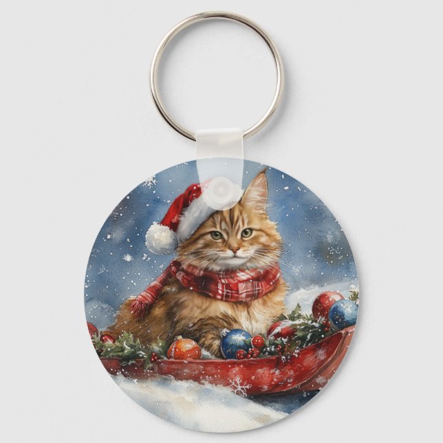 Maine Coon Cat in Sledge Let it Snow Christmas Keychain (Front)