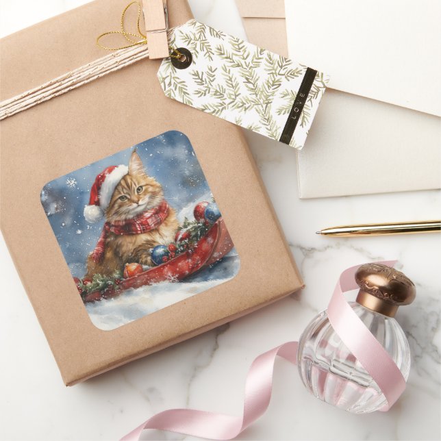 Maine Coon Cat in Sledge Let it Snow Christmas Square Sticker (Gifting)
