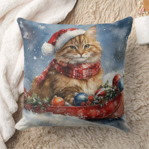 Maine Coon Cat in Sledge Let it Snow Christmas Throw Pillow