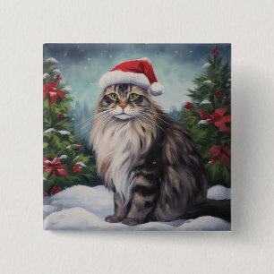 Maine Coon Cat in Snow Christmas 2 Inch Square Button