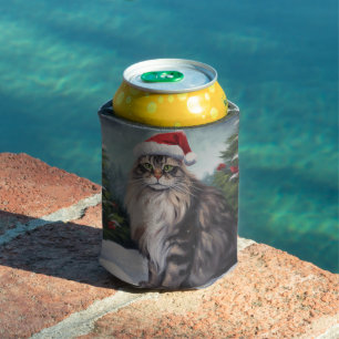Maine Coon Cat in Snow Christmas Can Cooler