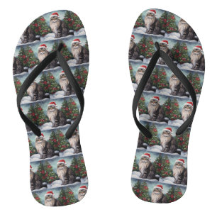 Maine Coon Cat in Snow Christmas Flip Flops
