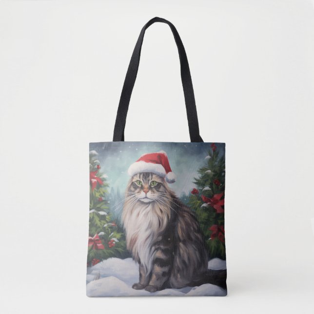 Maine Coon Cat in Snow Christmas Tote Bag (Front)