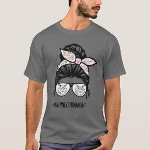 Maine Coon Cat Mom Messy Bun Hair Glasses T-Shirt