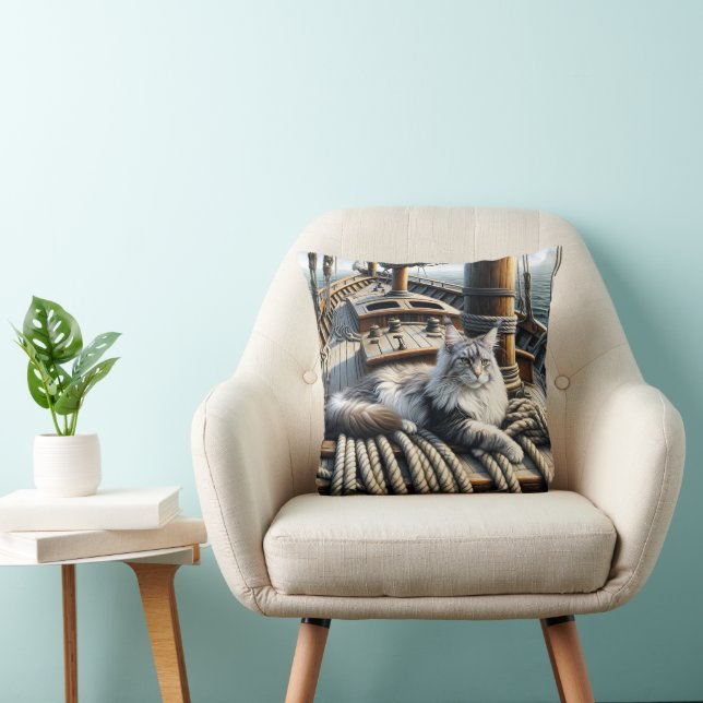 Maine Coon Cat On Ship Ropes Throw Pillow (Chair)
