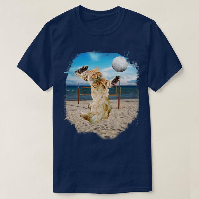 Maine Coon Cat Playing Beach Volleyball T-Shirt (Design Front)