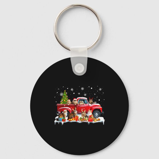 Maine Coon Cat Red Truck Christmas Tree Santa Ugly Keychain (Front)