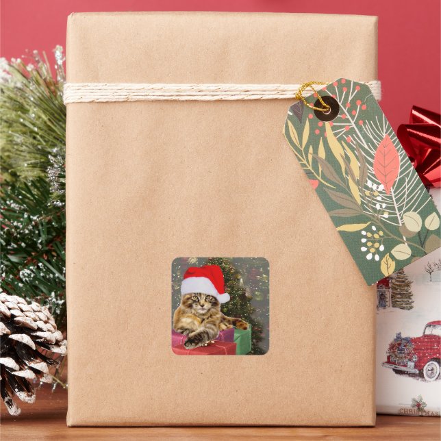 Maine Coon Cat Santa & Gifts Christmas Tree Behind Square Sticker (Holiday)
