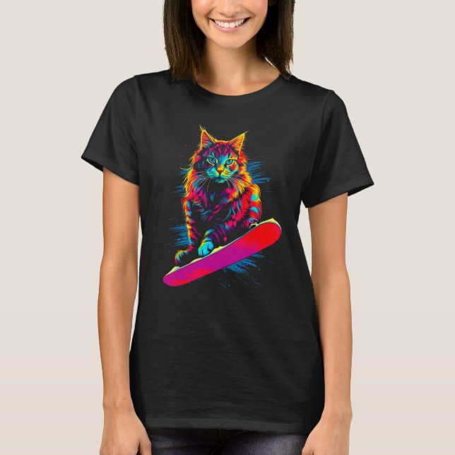 Maine Coon Cat Snowboarding T-Shirt (Front)