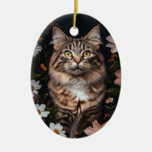 Maine Coon Cat Surrounded by Flowers Ceramic Ornament