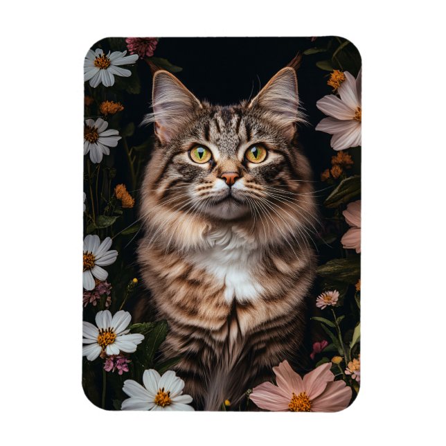 Maine Coon Cat Surrounded by Flowers Flexible Magnet (Vertical)